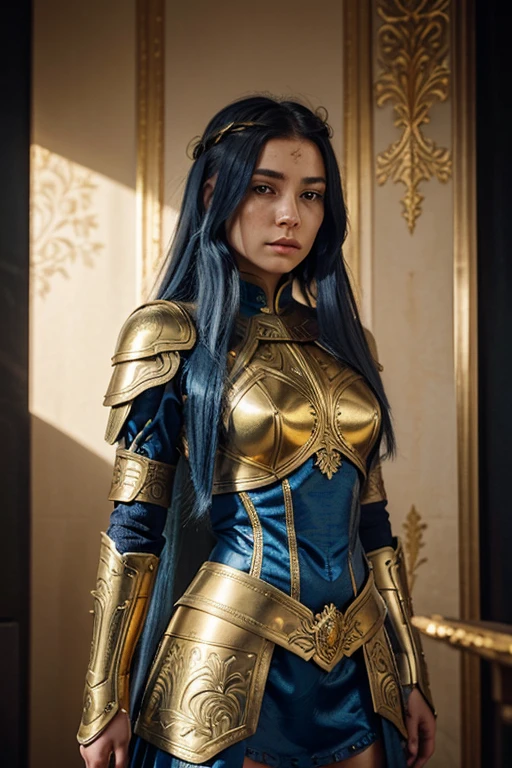 A young female warrior with long, flowing blue hair stands confidently, wearing intricately detailed golden armor with ornate engravings. Her armor shines with metallic gold and dark blue hues, giving a regal and mystical appearance. She has a calm, determined expression with a slightly flushed face, and delicate features including light freckles. The background is a textured, neutral-colored surface that contrasts with her vivid appearance. The overall atmosphere is both heroic and ethereal. Golden crown 