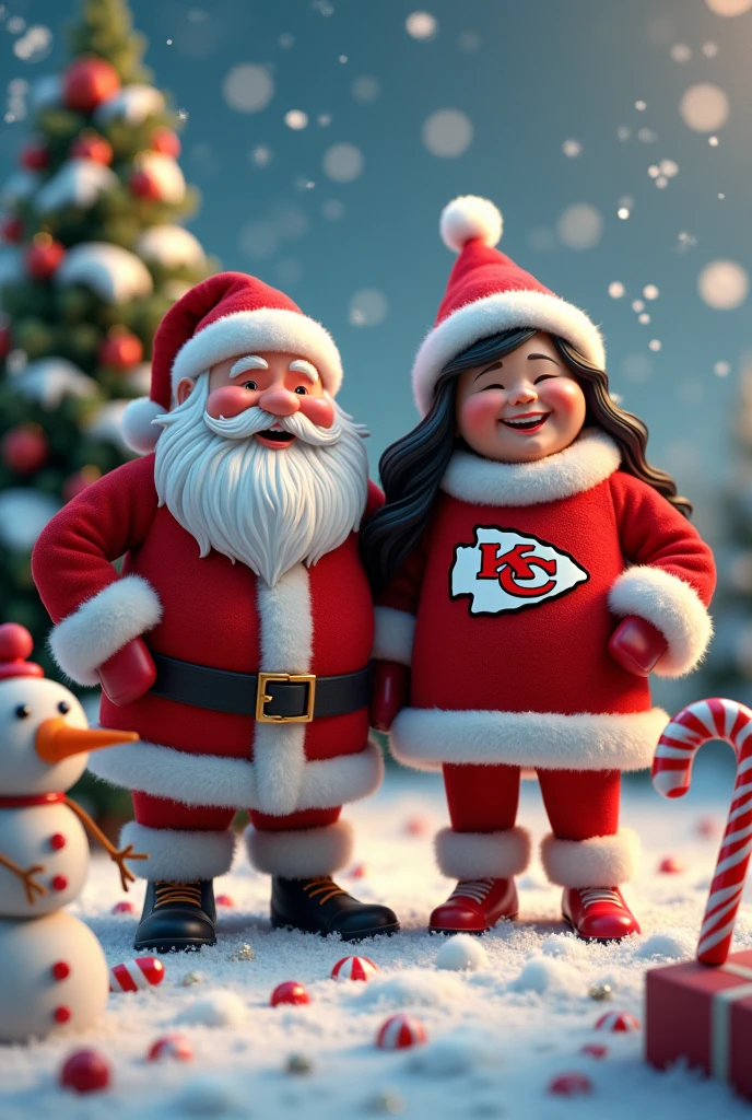 Kansas City Chiefs,Santa Claus with his chubby wife black hair, Snowman, Snowflakes, candy canes, Element,Christmas tree,
