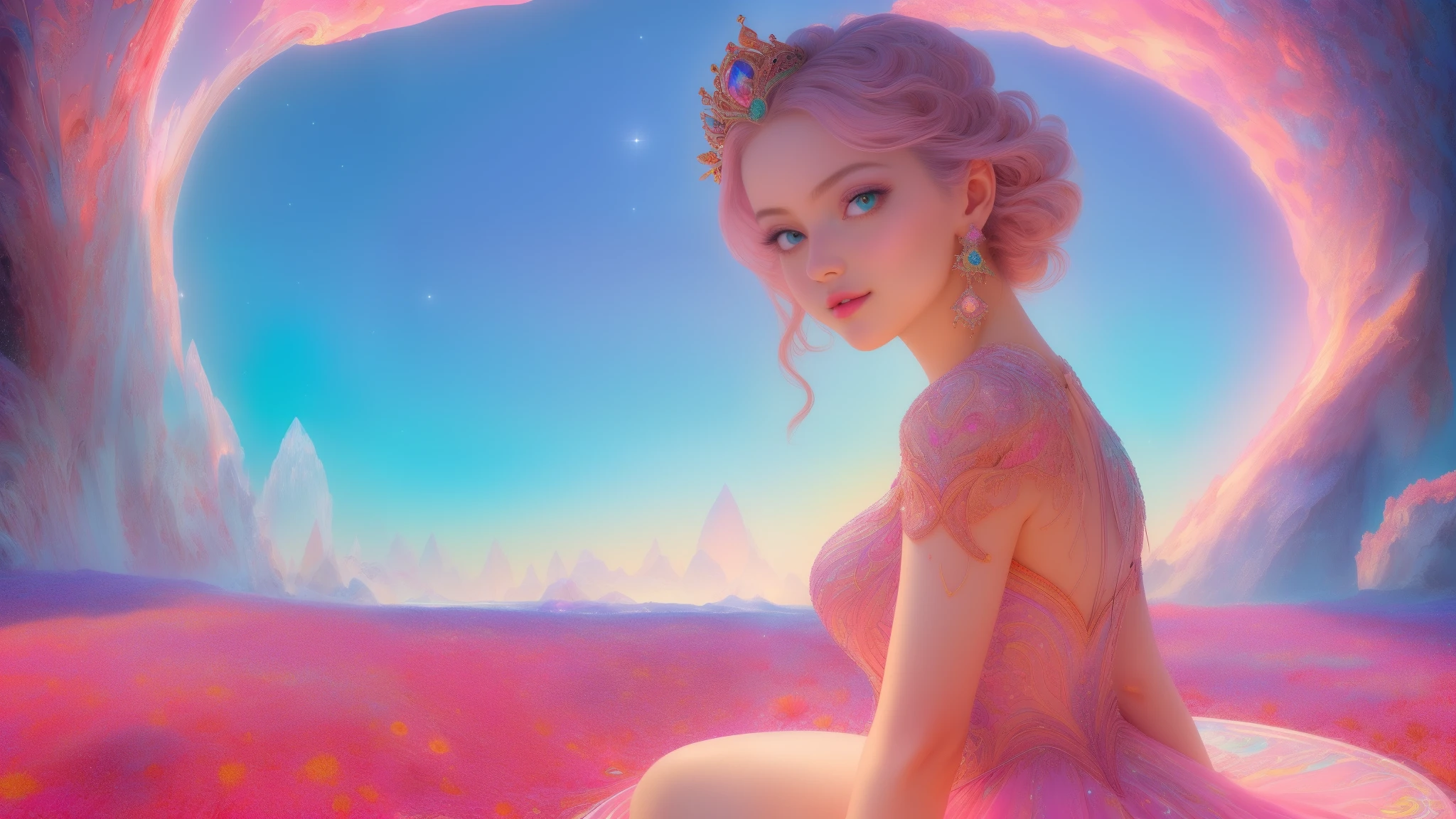 (best quality, ultra-detailed, photorealistic: 1.39), bright and vibrant colors, studio lighting, Red moon, sky shooting stars, soft azure clouds, sparkling, sparkling neon green ocean waves, pink roses in the pink ocean, fantasy, diamond, crown, universe, soft lights, sparkling eyes, cute biquini, cute biquini, within the vast ocean, (masterpiece:1.2), (best quality), 4k, ultra-detailed, (dynamic composition:1.4), highly detailed, colorful details,( iridescent colors:1.2), (glowing lighting, atmospheric lighting), dreamy, magical, (solo:1.2), An effeminate girl, with a delicate and beautiful face. She is a girl who reflects seductive beauty, sparkling eyes, extremely beautiful woman, perfect lips in a soft smile , crystalline dress, crystals on the detailed dress, she is in love, she is near the fountain of the palace made of ice ridges, crystal kingdom