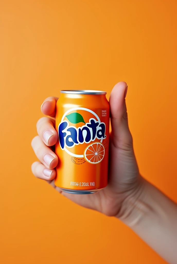 A hand holding a can of orange-flavored Fanta