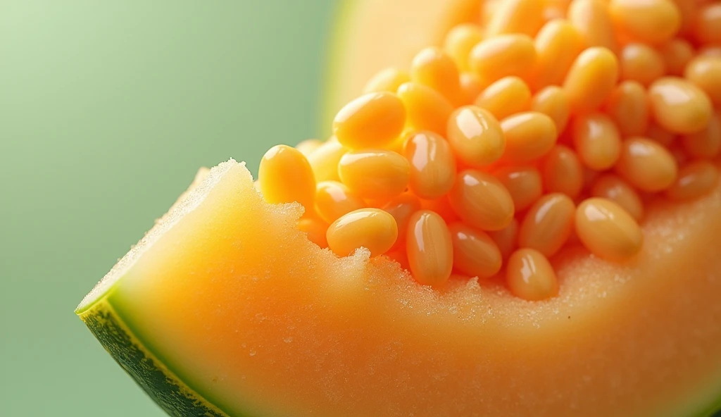 **Cantaloupe Seeds Nail Art:** Highlight the delicate seeds inside a cantaloupe with this intricate design. The center of each nail features clusters of tiny, realistic cantaloupe seeds, surrounded by the soft orange flesh of the fruit. The background fades into a light green, with subtle texturing that mimics the cantaloupe rind. The seeds blend into the overall design, making it feel like you’re looking at a close-up of the inner part of the cantaloupe.