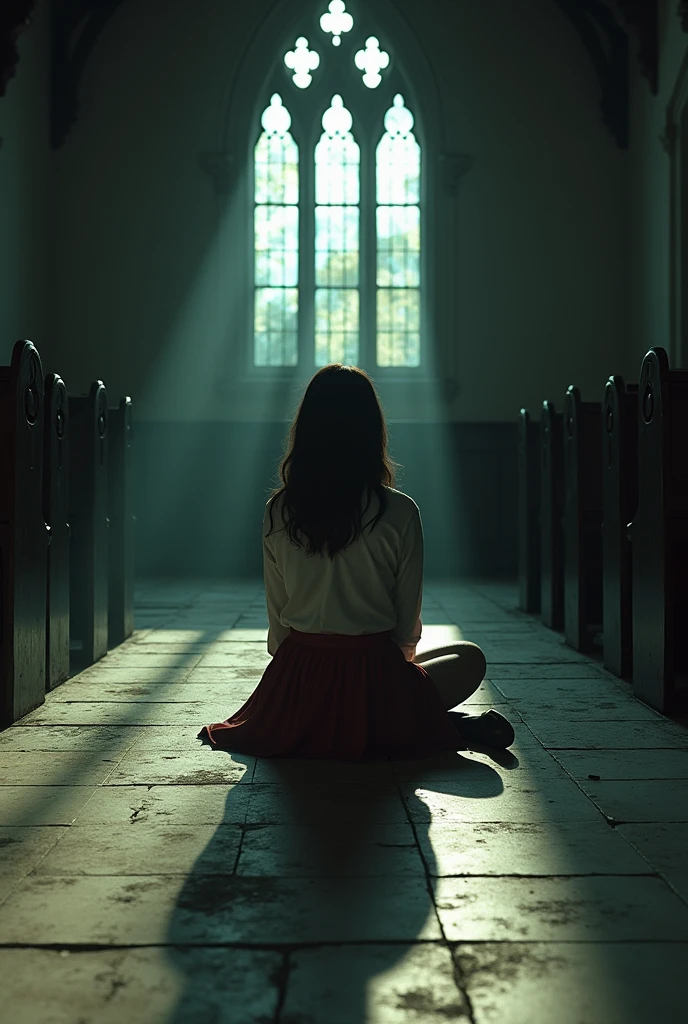 8k (realisitic) ((real photografic)) girl wearing a long skirt and a button-down shirt wearing heels , sitting on the church floor with her legs crossed, shadow in a dark church, dark abandoned and old, full of spider webs