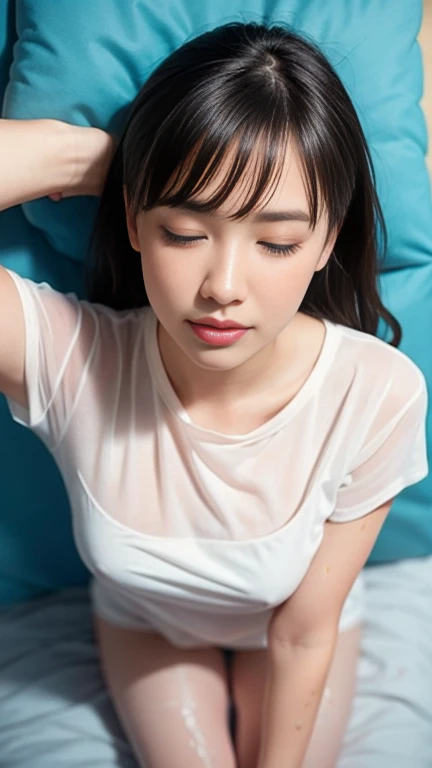 Highest quality, masterpiece, 8k, Ultra-high resolution, (Realistic: 1.4), Balanced figure、Correct Anatomy、Beautiful skin quality、　Lying in bed in the correct posture、(Deep sleep、Breathing in their sleep:1.5)、Accurate limbs、Beautiful sleeping face、Close ~ eyes、slender、Small breasts、Detailed breast shape、Detailed nipple shape、(soaked、See-through mini T-shirt:1.5)、(Beautiful thighs、Beautiful groin、Beautiful armpits)、(A woman covering from above、A woman touching another woman from above.:1.5)、(Photograph from head to thigh:1.5)、