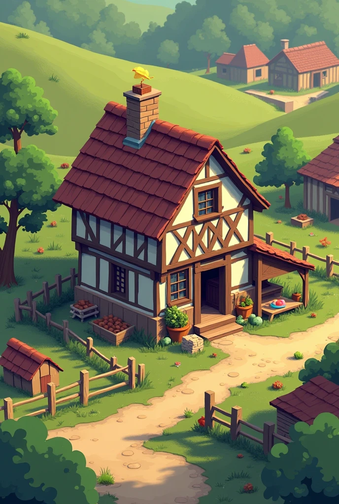 Isometric clean pixel art image cutaway medieval house on a farm, game sim, by Otake Chikuha, featured on pixiv, muted colors with minimalism, --c 2 --s 80 --ar 2:3 --v 5.2