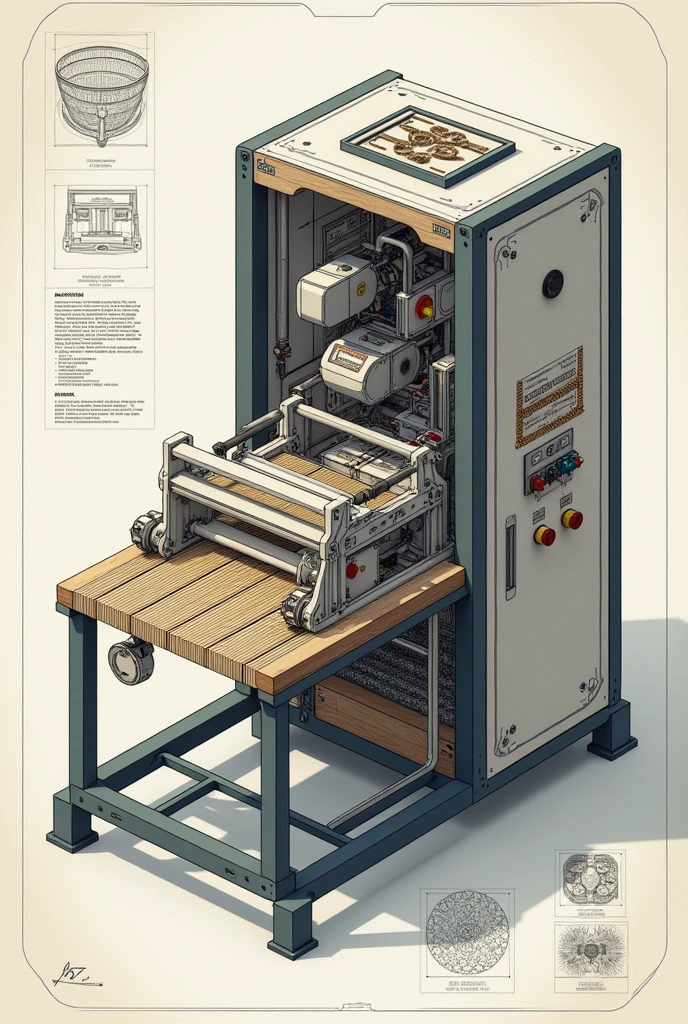 Create a realistic and detailed overview or blue print of mini machine  BASKET weaver and Illustrate how the machine works 

