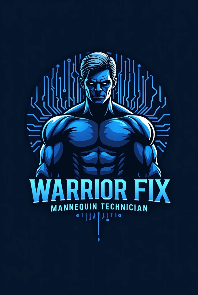 Design a logo for a bitcoin mannequin technician named warrior fix. Use a masculine and serious blue color palette, incorporating an electronic circuit and the text 'warrior fix'.