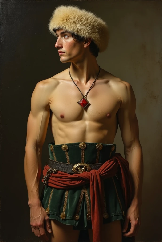 {{Masterpiece, best quality, oil painting, by Théodore Géricault, male focus, muted colors}}, the composition is: (((a dramatic half body portrait of a 18 year old ancient Roman gladiator, sexy, magnificent, wearing a beige Russian fur hat, he is wearing a red diamond shape pendant))). ((((He is wearing a dark green lorica armor made of velvet, alligator leather, with ronin inspired elements, Slavic inspired elements, wearing a satin sash))).