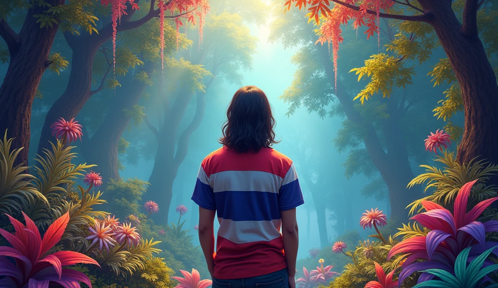 A long-haired man stands with his back to the viewer, wearing a shirt with the Thai flag pattern, in a rainbow-colored forest.