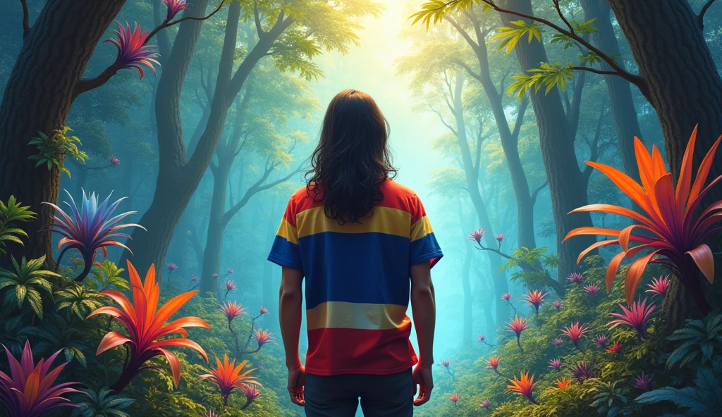 A long-haired man stands with his back to the viewer, wearing a shirt with the Thai flag pattern, in a rainbow-colored forest.