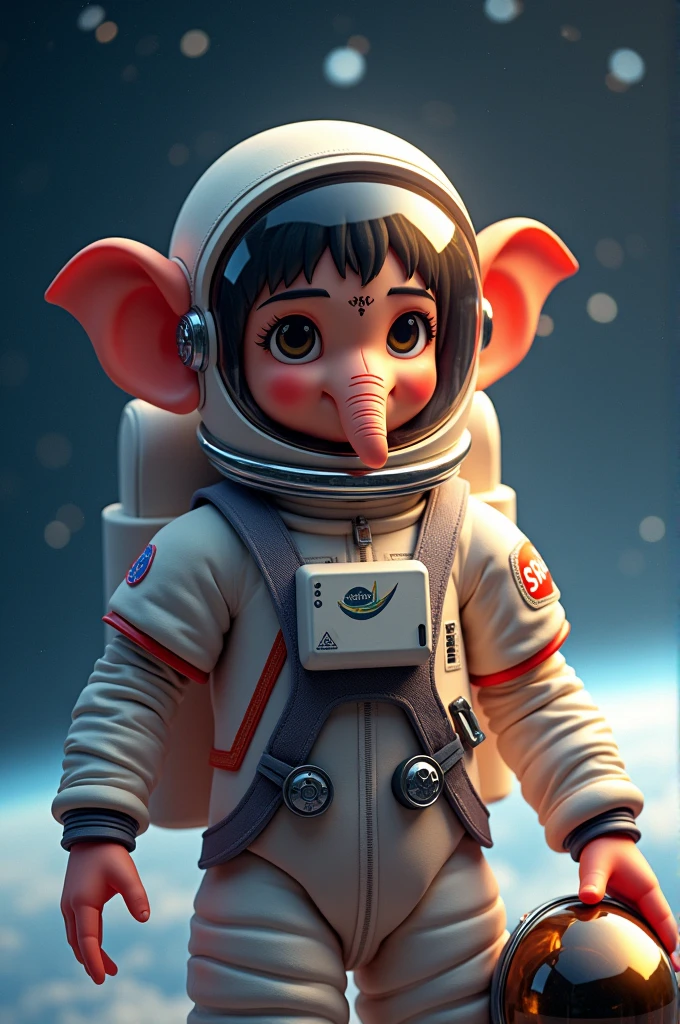 Create an image of young god Vinayaka as a astronaut with space suit and with hat holding the helmet in his hand with ISRO logo,