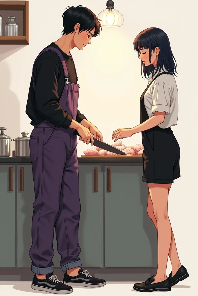 A 24-year-old man with black hair, wearing a black long-sleeved shirt, purple overalls, normal jeans, and normal sneakers, standing and chopping chicken. And there is a young lady, a rich girl, wearing black football shorts, short legs, wearing a white short-sleeved shirt with rolled up sleeves, wearing black shoes, being a waiter.