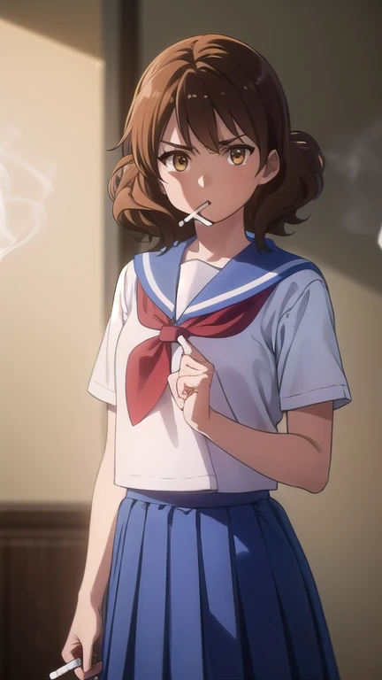kumikooumae, kumiko oumae, (brown eyes:1.5), brown hair, short hair, wavy hair,
BREAK skirt, shirt, school uniform, white shirt, short sleeves, pleated skirt, serafuku, sailor collar, blue skirt, neckerchief, red sailor collar, school bag, blue neckerchief, kitauji high school uniform,
BREAK indoors, classroom,
BREAK looking at viewer, (cowboy shot:1.5),
BREAK (masterpiece:1.2), best quality, high resolution, unity 8k wallpaper, (illustration:0.8), (beautiful detailed eyes:1.6), extremely detailed face, perfect lighting, extremely detailed CG, (perfect hands, perfect anatomy),(Smoking a cigarette:1.5),Cigarette smoke, A displeased expression, glaring at me