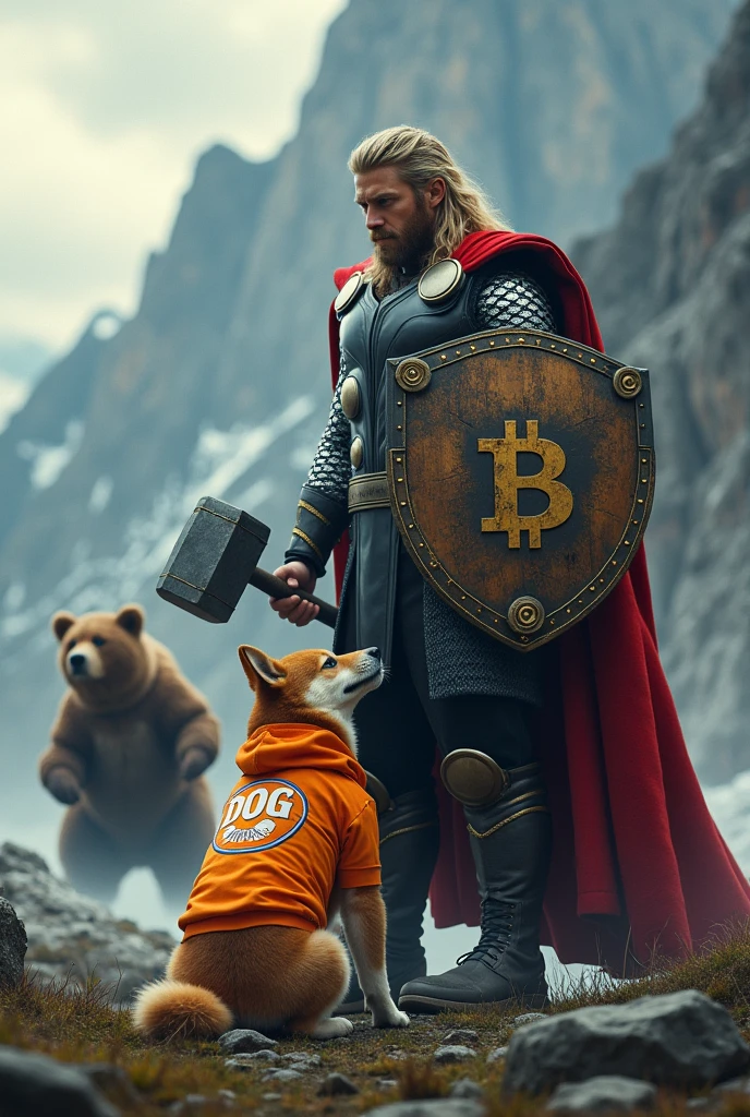 Generate an image of Thor with his hammer and Bitcoin shield, accompanied by his shiba inu dog wearing an orange sweatshirt with DOG stickers on the chest, facing a bear.