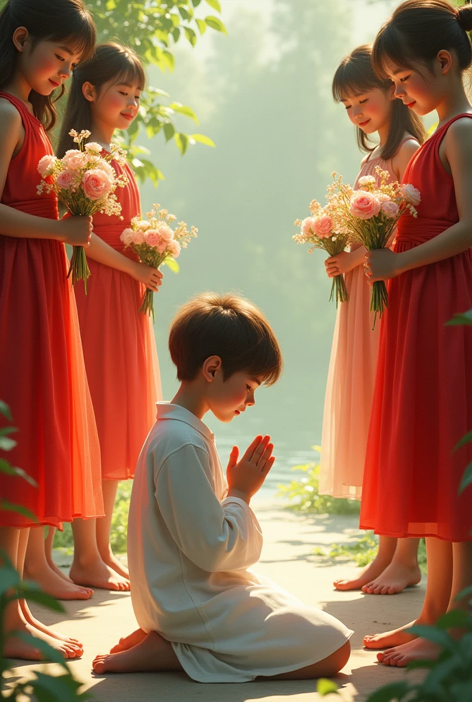 A Boy and flower girls, on his knees, with hands in prayer, with white and red clothing