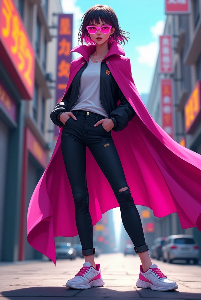 Girl with a fuchsia cape, black jacket, white shirt, black jeans, and white sneakers with fuchsia laces. She's wearing fuchsia fluorescent glasses and has fuchsia highlights.