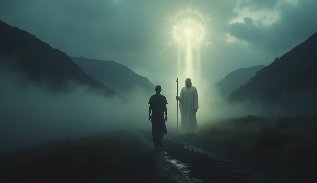 "A powerful and emotional cinematic scene, depicting a lonely character walking through a dark and desolate valley, symbolizing the &#39;shadow of death&#39;. The environment is shrouded in dense fog, with dark mountains in the background and a dramatic sky, almost apocalyptic. next to the character, a divine figure, representando Deus, stands out with an aura of soft light, holding a rod and staff that emanate a comforting glow. The character&#39;s expression reflects both fear and hope, while the divine presence brings a sense of protection and peace. The composition of the image is rich in details, with lighting that highlights the contrast between the darkness of the valley and the celestial light next to the protagonist."