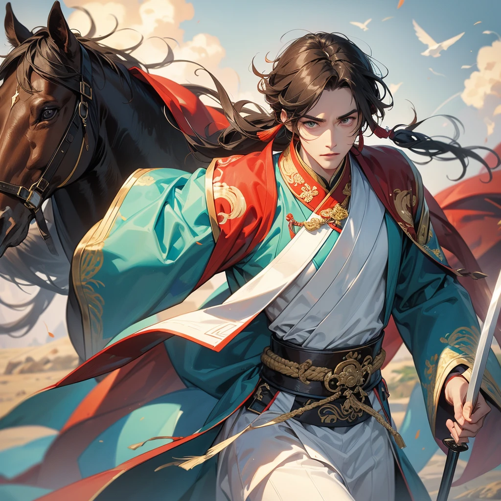 A handsome man general holding a big sword in ancient Chinese clothing on an ancient Chinese battlefield.
