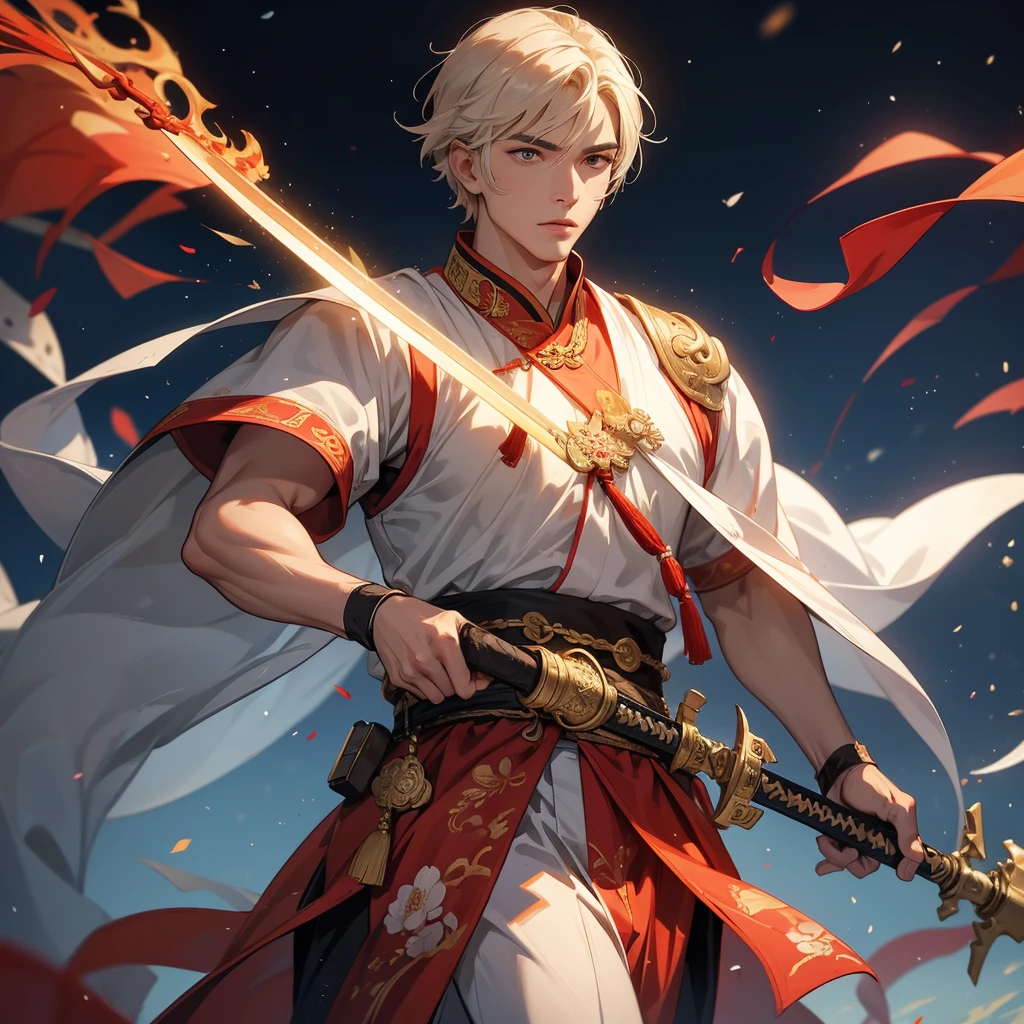 A handsome man general holding a big sword in ancient Chinese clothing on an ancient Chinese battlefield.