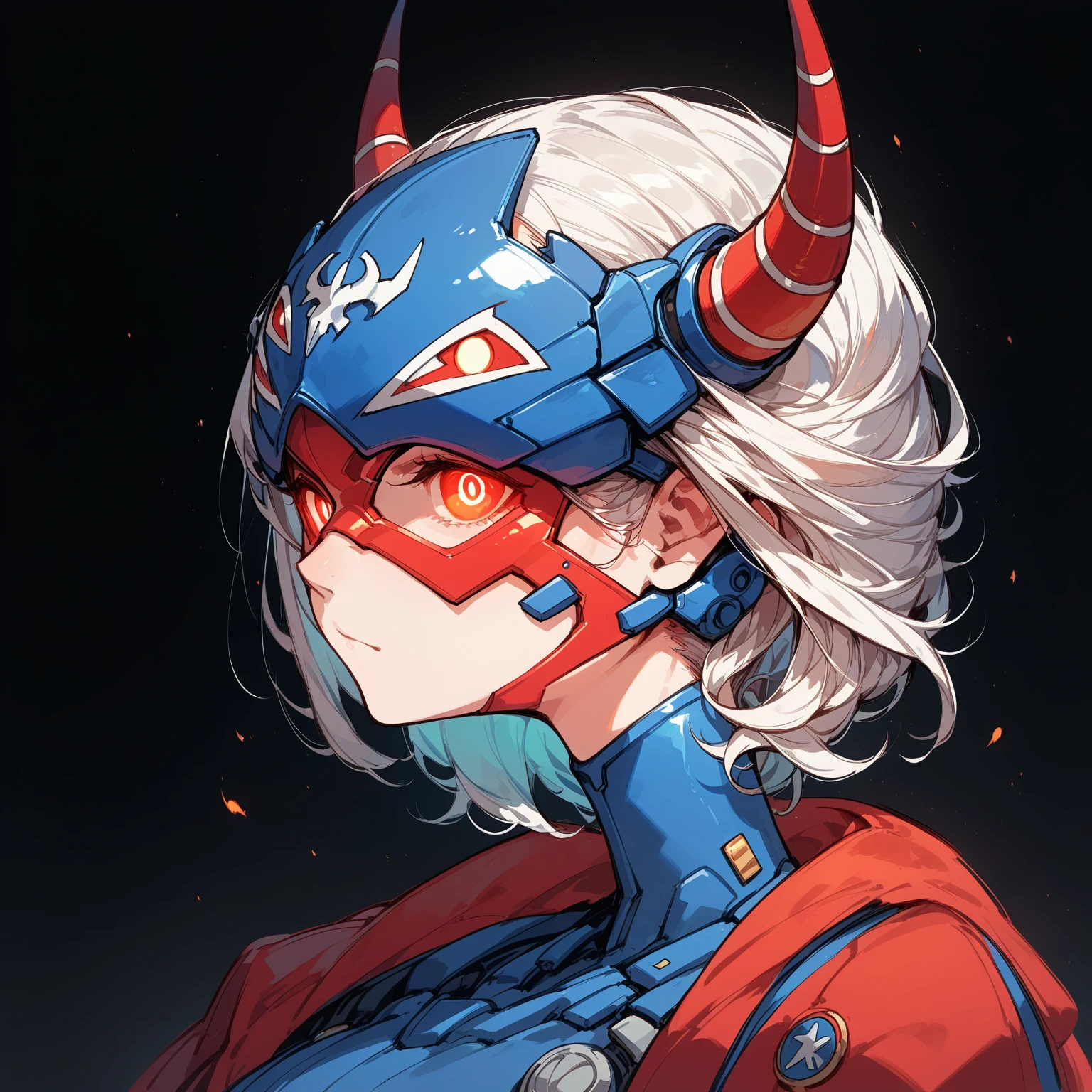Ghost design,Female bust,Anime Style,Mechanical Hannya Mask,A woman wearing a Hannya mask,Glowing Eyes、Iron Man Mask,Mask covering the mouth,Protruding horns in the front,Horns growing from the forehead,Japanese-style design,