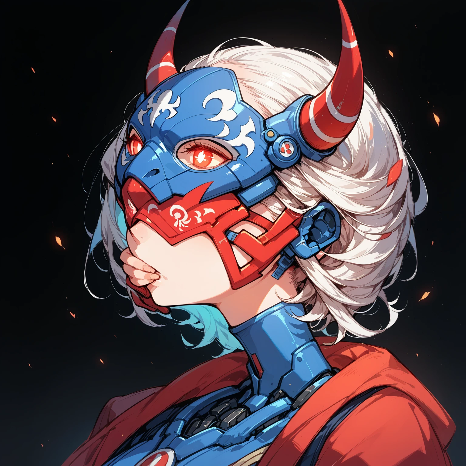 Ghost design,Female bust,Anime Style,Mechanical Hannya Mask,A woman wearing a Hannya mask,Glowing Eyes、Iron Man Mask,Mask covering the mouth,Protruding horns in the front,Horns growing from the forehead,Japanese-style design,