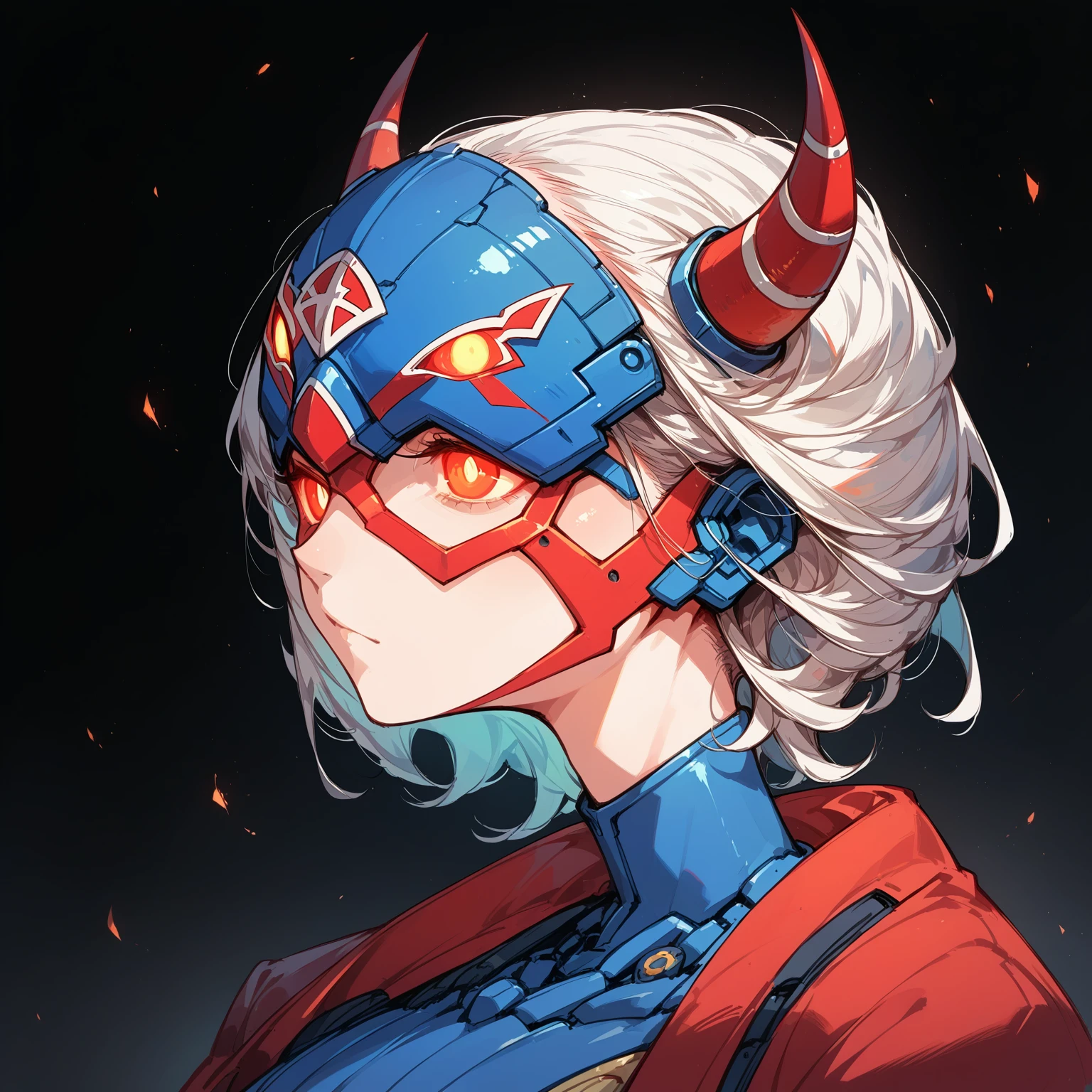 Ghost design,Female bust,Anime Style,Mechanical Hannya Mask,A woman wearing a Hannya mask,Glowing Eyes、Iron Man Mask,Mask covering the mouth,Protruding horns in the front,Horns growing from the forehead,Japanese-style design,