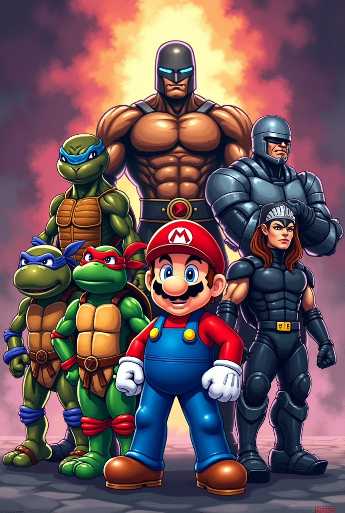 Group photo of Super Mario, the Turtles, He-Man , Son-Goku, RoboCop and linkin fighting pose in pixel style