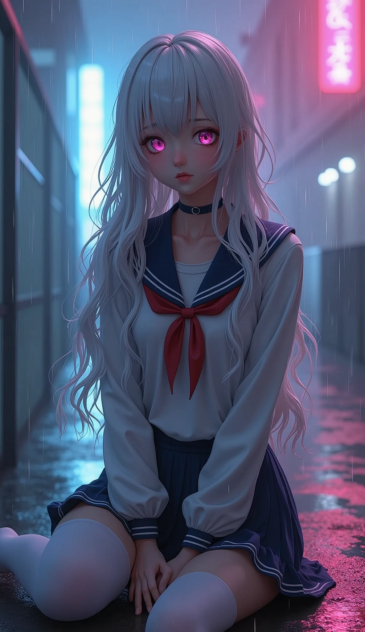 photorealistic,Realistic illustration in Modelshoot style,((masterpiece)),((The best quality)),((Ultra Quality)),((ultra detailed)),((1girl long white hair)),((Only)),((waifu:1.5)),Perfect anatomy,perfect hands,beautiful cuerpo,beautiful_method,ulzzang-6500-v1,e-chica,Exceptionally Beauty 17-year-old Waifu, ultra realistic 8k cg, picture-perfect face, flawless, clean, masterpiece, professional artwork, famous artwork, perfect face, beautiful face, beautiful eyes, ((perfect female body)), solo,(immersive atmosphere, chiaroscuro:1.5,bright light:1.2,luminous lighting)
,,(blush:0.5),seductive expression,extremely detailed_eyes,thick thighs,large breasts,
beautifully detailed background,depth of field,realistic:1.3, long shot,1girl,shirt,pleated skirt, school uniform, sitting, full body, 
(ambient light:1.3),(cinematic composition:1.3),(neon lights:0.1),(HDR:0.1),Accent Lighting, white pantyhose,   , HDR, epic realism, high-octane rendering, obra de arte,,((bright-pink_eyes)),long wavy hair,hair clips,eyeliner,cute makeup,lipstick,Glossy lipstick,with a look of terror, worry and sadness,((eyes detallados perfectos)),rainy with fog outside,evening,pink theme,bioluminiscencia,light particles,((Extremely CG Unity 8K Wallpaper)),((cinematic lighting,Best quality lights)),intricate details,Suave,sharp focus,Extremely beautiful and aesthetic,Octane rendering,Full length portrait,damp skin,((Perfect detailed body)),