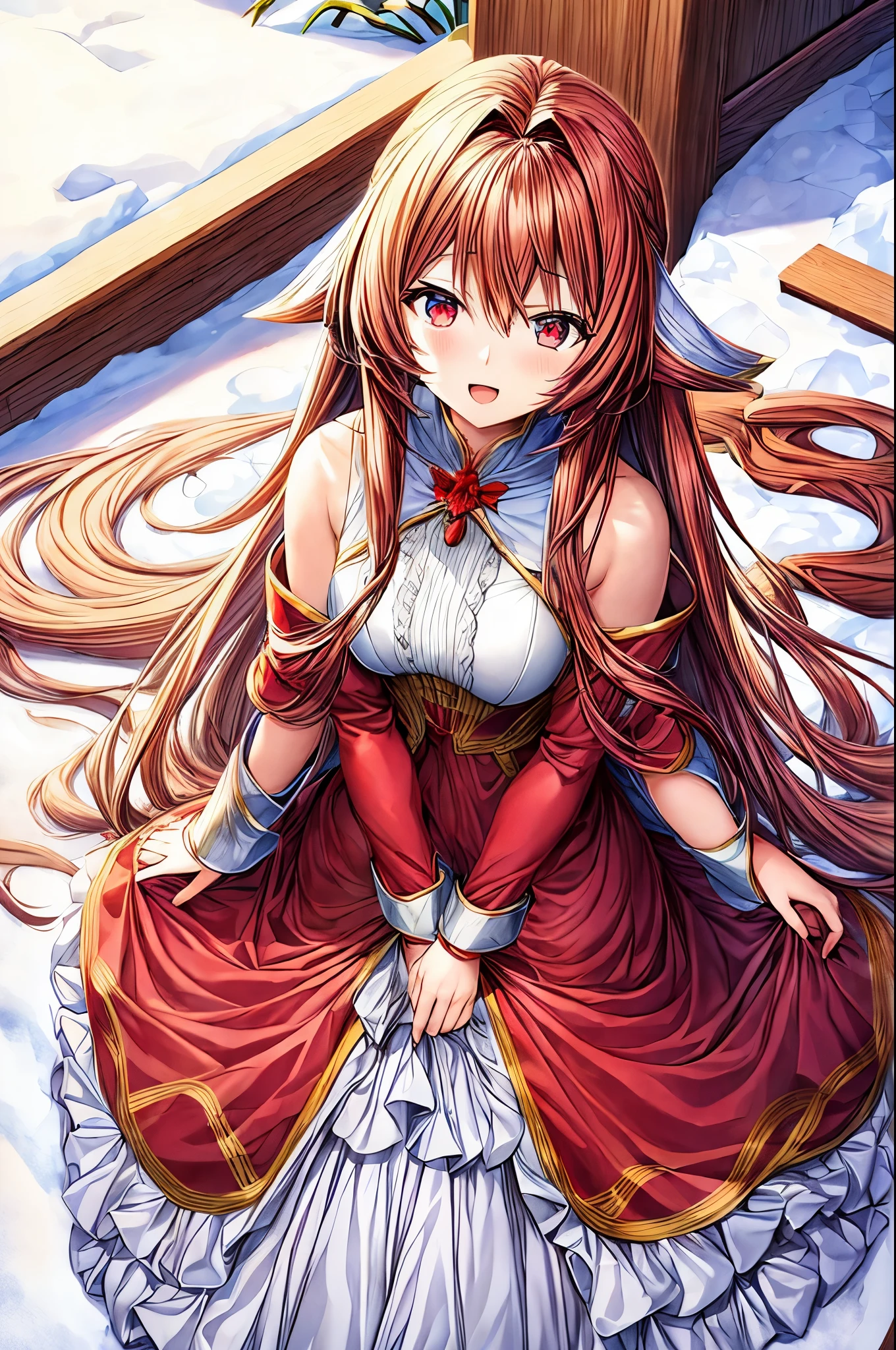 A long-haired anime girl wearing a red dress in the snow, Anime style,Anime Wallpaper