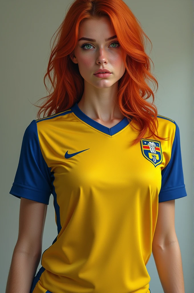 Realistic sexy redheaded woman, wearing sweden soccer team t-shirt, fit body