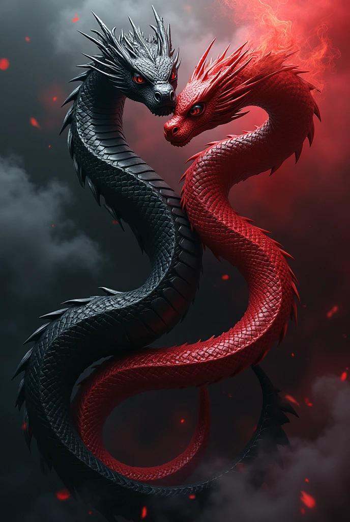 The black serpent coils around the red serpent.