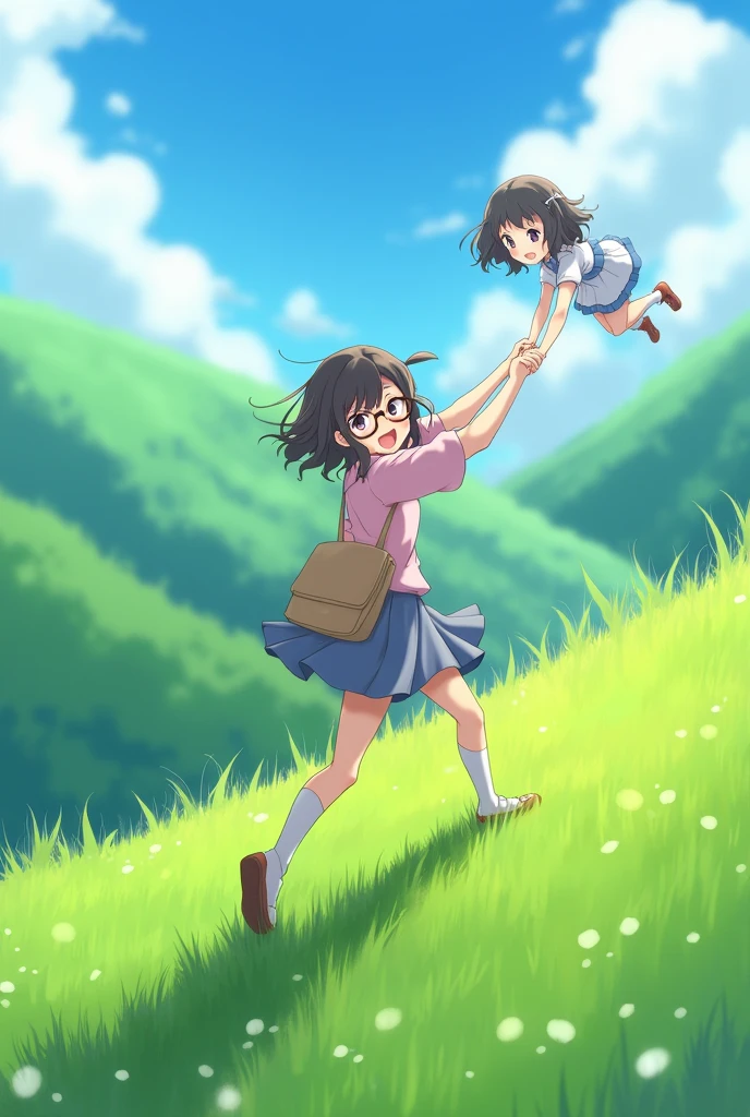 Pov anime girl with glasses pulling me up a hill while holding my hand from behind, looking back at me with a smile as she invites me to run up the hill with her