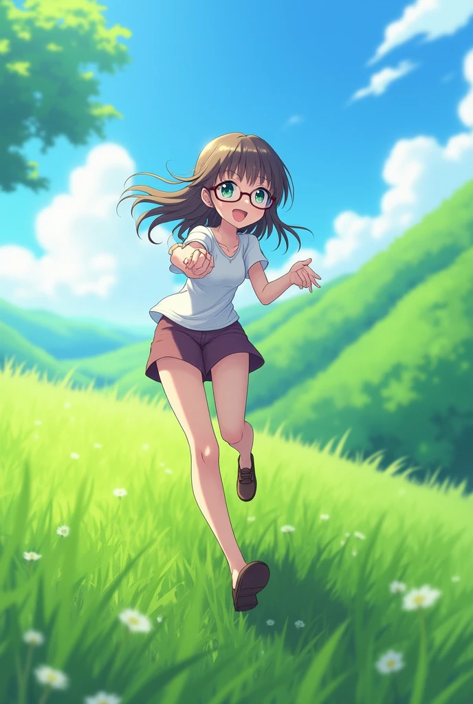 Pov anime girl with glasses pulling me up a hill while holding my hand from behind, looking back at me with a smile as she invites me to run up the hill with her