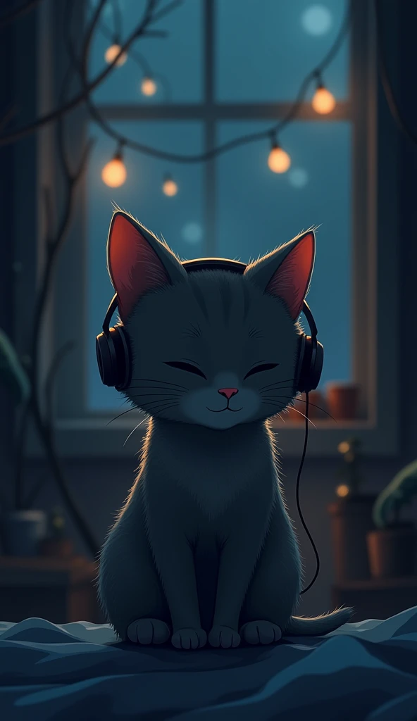 night、A cat lost in thought, listening to music in a cozy room., Using headphones, 2D-style animation, Lo-Fi, High resolution, Dark Environment