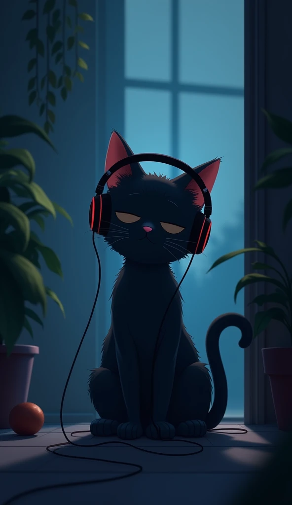 night、A cat lost in thought, listening to music in a cozy room., Using headphones, 2D-style animation, Lo-Fi, High resolution, Dark Environment