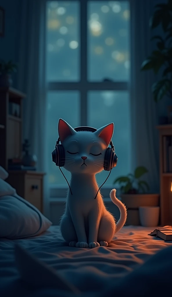night、A cat lost in thought, listening to music in a cozy room., Using headphones, 2D-style animation, Lo-Fi, High resolution, Dark Environment