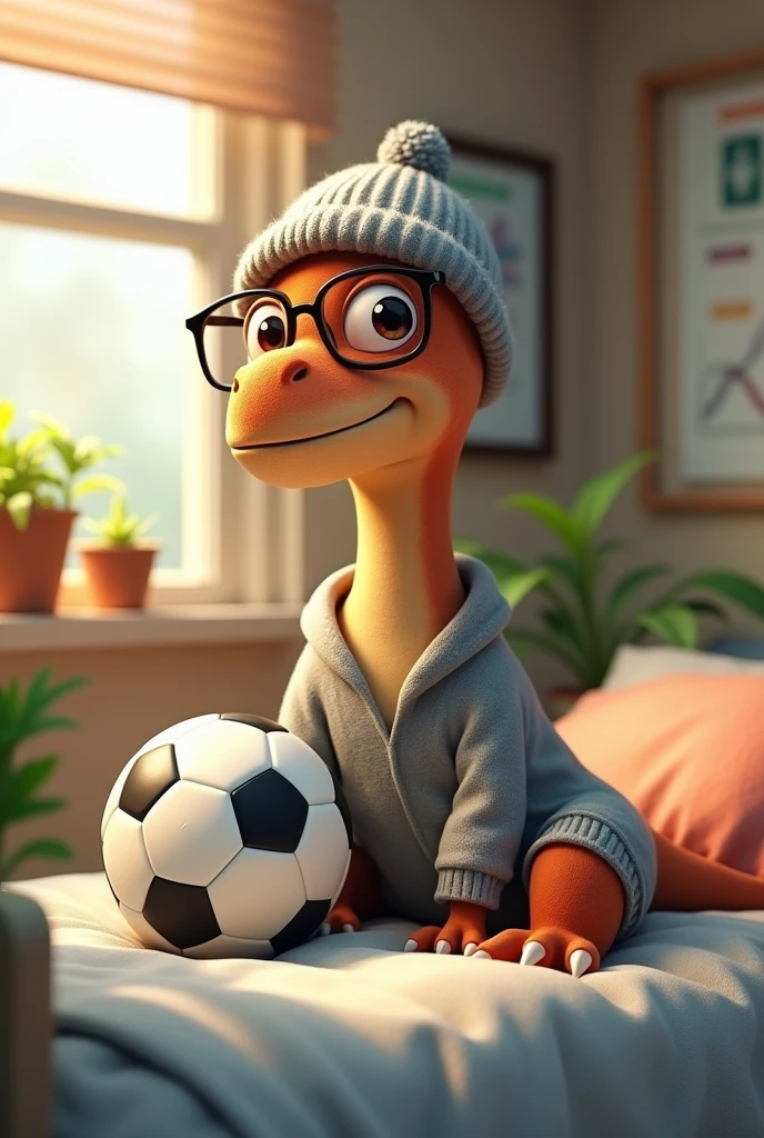 Create an animated dinosaur wearing pajamas and a beanie, the gray pajamas and some glasses. On the bed place a soccer ball and decorate the room background with scientific posters and on the window place a plant