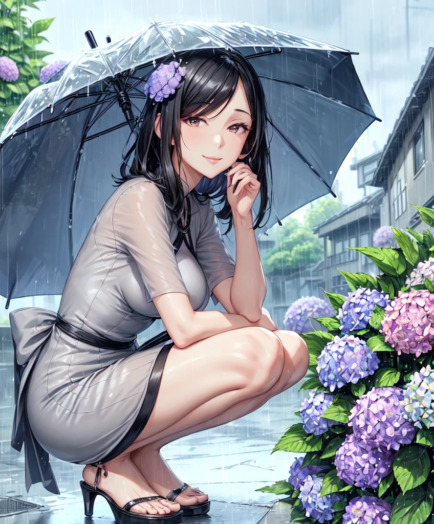 Only one female, From the side, squat, Stylish clothing (Dress casually), (Mature Woman:0.8), /(Black Hair/) bangs, A kind smile, (Masterpiece Top quality:1.2) Delicate illustrations, super detailed, medium breasts break (Holding an umbrella) break (Quiet residential area) Outdoor, street, (Rainy:1.1), ((Hydrangea) Blooming by the roadside), Cobblestones, Detailed Background