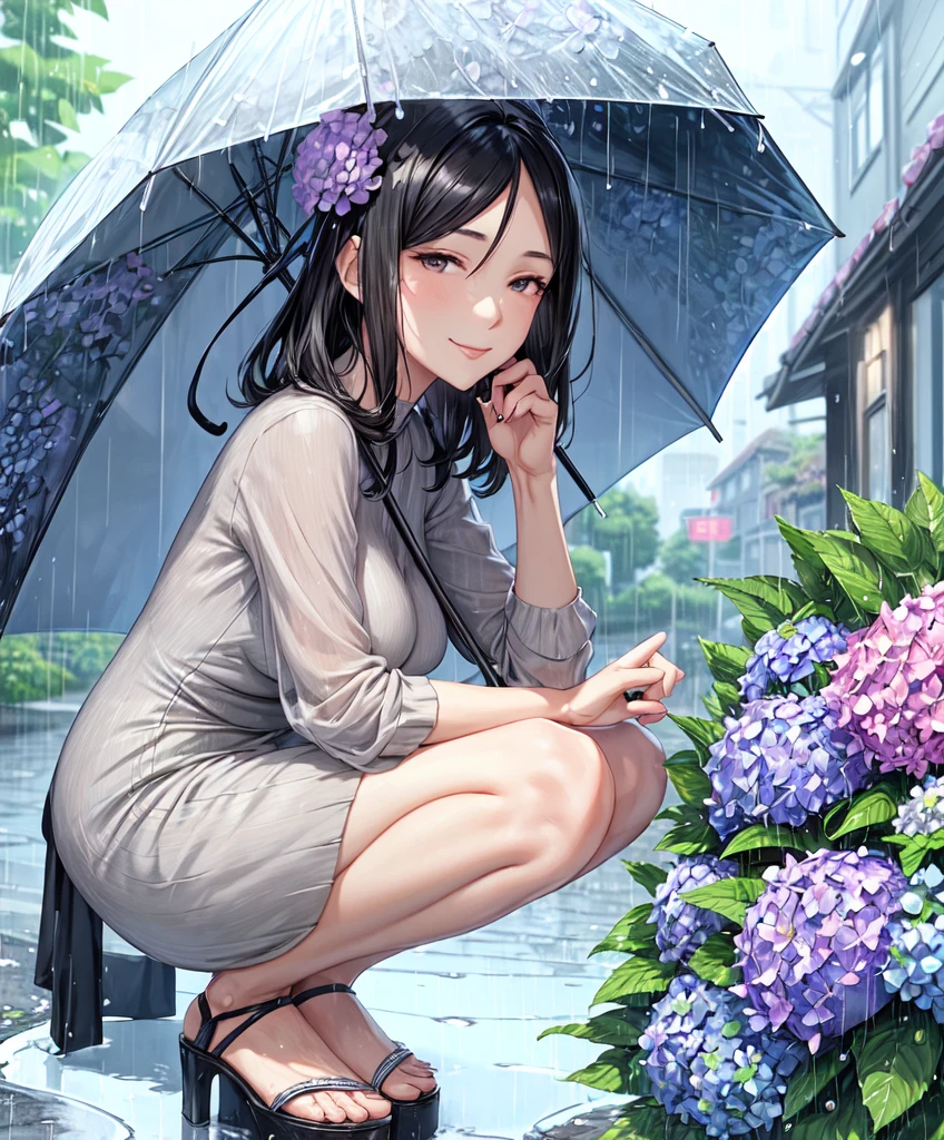 Only one female, From the side, squat, Stylish clothing (Dress casually), (Mature Woman:0.8), /(Black Hair/) bangs, A kind smile, (Masterpiece Top quality:1.2) Delicate illustrations, super detailed, medium breasts break (Holding an umbrella) break (Quiet residential area) Outdoor, street, (Rainy:1.1), ((Hydrangea) Blooming by the roadside), Cobblestones, Detailed Background