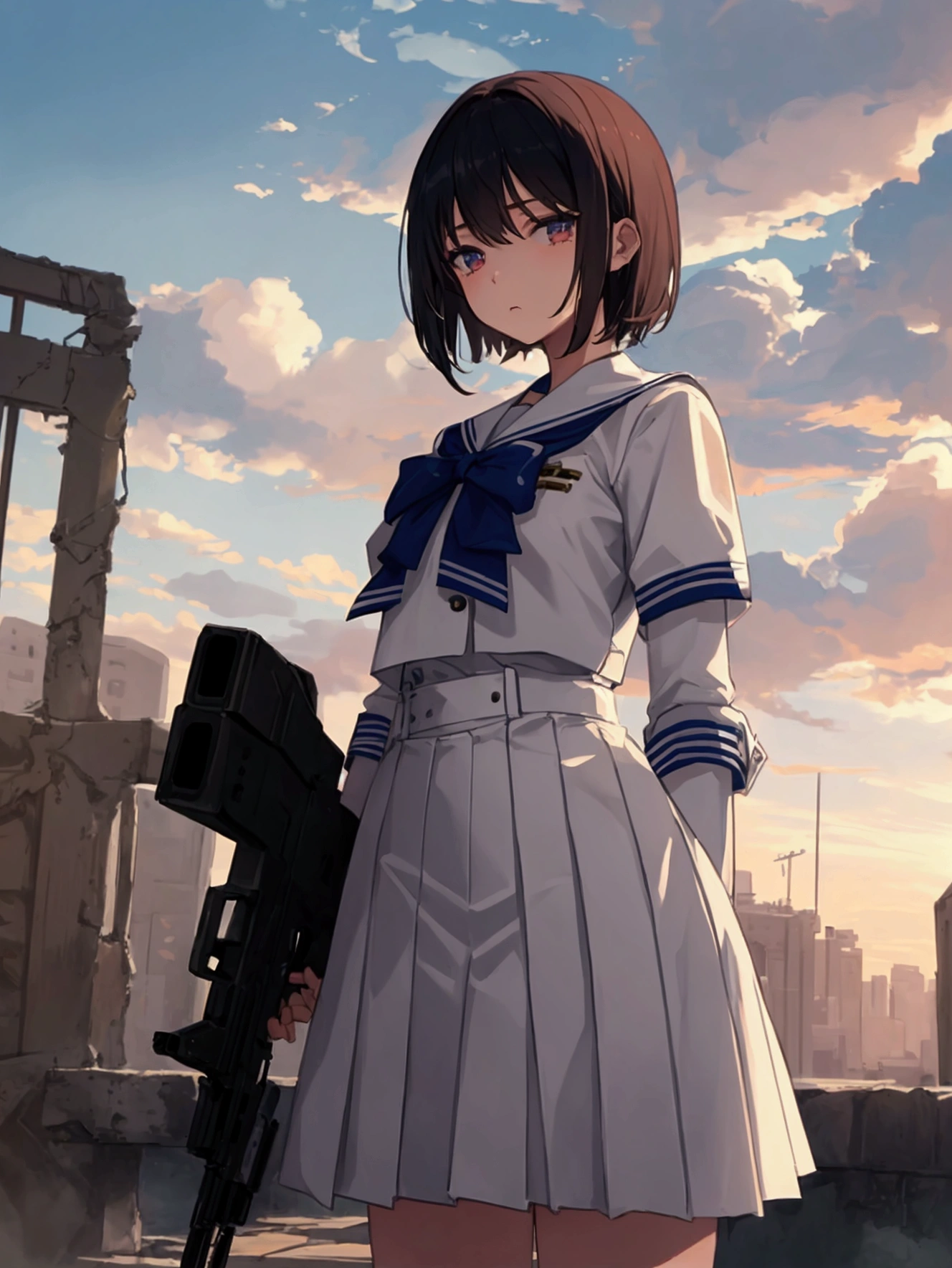 masterpiece, best quality, high school girl, short hair, white uniforms, ruin, dawn, fall city, gun, looking at sky, sad face, aesthetics, Highly detailed