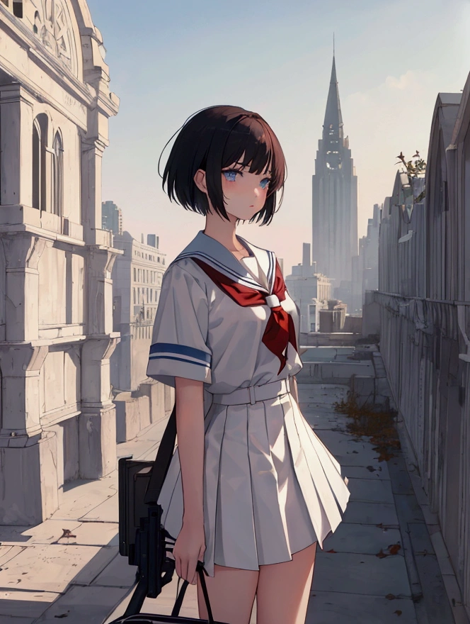 masterpiece, best quality, high school girl, short hair, white uniforms, ruin, dawn, fall city, gun, looking at sky, sad face, aesthetics, Highly detailed