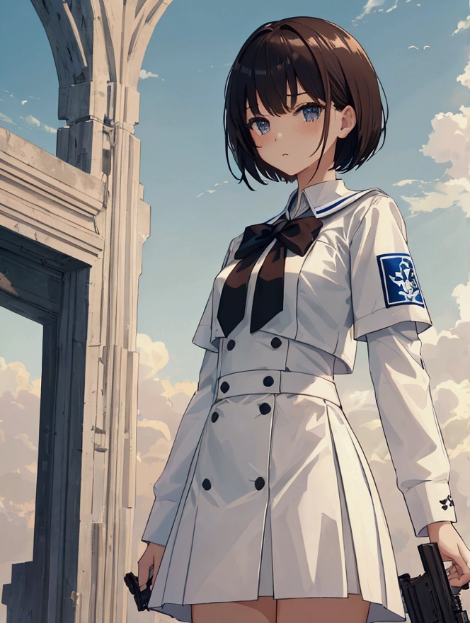 masterpiece, best quality, high school girl, short hair, white uniforms, ruin, dawn, fall city, gun, looking at sky, sad face, aesthetics, Highly detailed