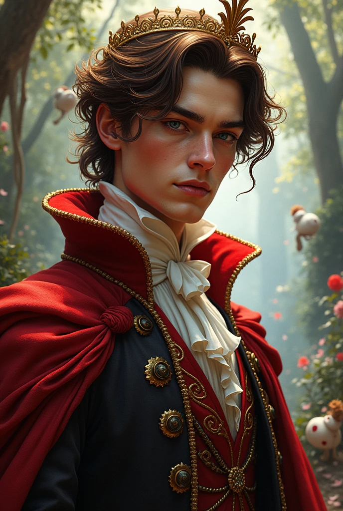 22-year-old man, son of the Queen of Hearts, with brown hair and very handsome (what a view with the Alice in Wonderland theme)
