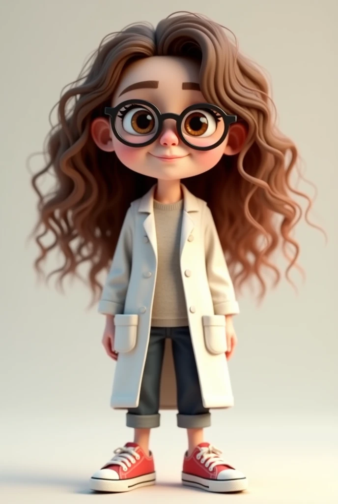 Create a Pixar-style 3d avatar with a clean look, White skin with long curly brown hair with LOW volume, of round glasses, in a lab coat and all stars, round curly hair