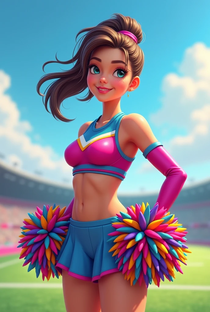A beautiful cheerleader in a colorful uniform、 (best quality,4K,8k,highres,masterpiece:1.2),ultra-detailed,(realistic,photorealistic,photo-realistic:1.37),HDR,uhd,studio lighting,ultra-fine painting,sharp focus,physically-based rendering,extreme detail description,professional、Bright colors、Bokeh、Portrait、Dynamic pose、Energetic look、sports、Softness、Detailed sweaty skin、Exquisitely detailed body and face、Beautifully detailed eyes、Detailed mouth、Big Breasts、Tight waist、Detailed thighs、Long legs、High Ponytail、Colorful pom poms、Metallic pink and metallic sky blue uniforms、Sky blue and pink sneakers、Outdoor field、blue sky、Fluffy Clouds