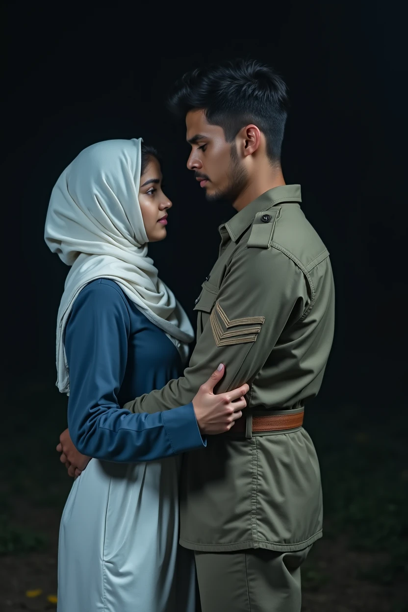 A young military man , tightly holding upper arm of a girl, the girl wearing a white loose trouser, blue tunic upto the knee, a white scarf covering her head ,the scene is set at night,it looks like the military ma is questioning something to the girl by holding her upper arm,so close to eachother, looking at the eye, holding upper arm , questioning