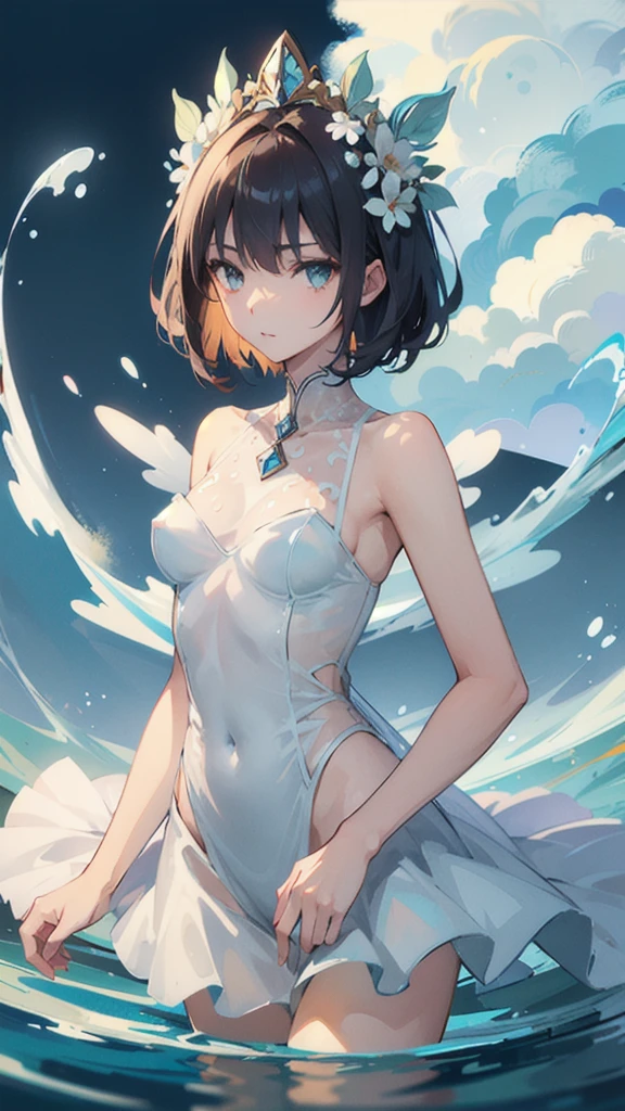 ((masterpiece, Highest quality)), Delicate face,,whole body,Character portrait,Perfect Body Proportions,Beautiful Eyes,Fantasy Style,Very beautiful,transparent,cloud,Water Ripples,transparent,fun、Bodysuits,race,Star ornament