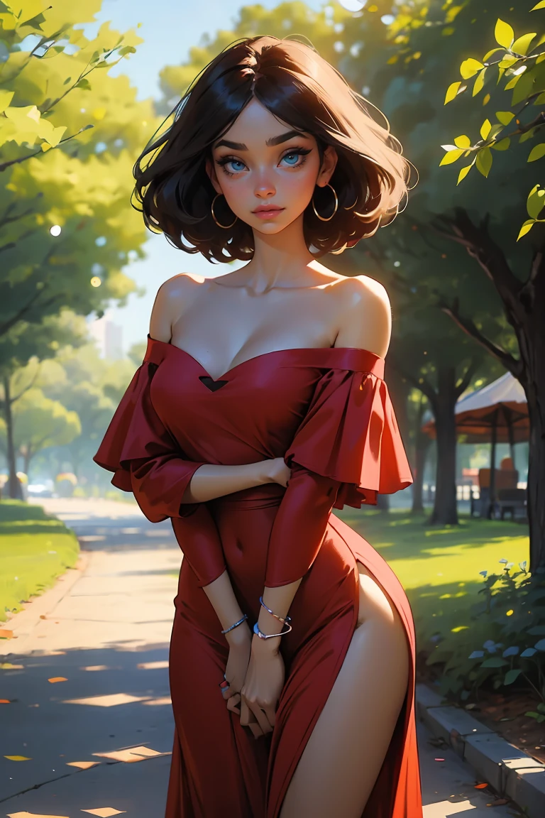 Goddess ((goddess-like woman)), slim elegant silhouette, masterpiece, (close angle), best quality, dark skin, sweet face, (masterpiece:1,2, best quality), (real picture, intricate details), ( 1 lady , Solo, medium tits, small waist), wavy hair that reaches down to the shoulders , a woman with medium-length wavy white hair that reaches her shoulders, haircut: medium-length, shoulder-length hair, turquoise eyes, she has an impressive presence., Bracelet, hoop earrings, jewelry, Beautiful face, beautiful eyes , she looks at the viewer, she has an impressive presence.,, hoop earrings, jewelry, beautiful face, beautiful eyes, she looks at the viewer, She is wearing a Red Off-Shoulder Dressr 3d0ffsh0uld3r and Thong High Heels/Platforms th0ngh33ls , (dress, cleavage, bare shoulders, off shoulder, red dress, off-shoulder dress) , the jewelry gives her overall appearance a touch of glamor. sweet smile, thigh gap, sweet irresistible smile, elegant pose, elegant hands, beautiful hands, perfect fingers, background: Park, a beautiful park, trees, walkway, flowers, bushes,