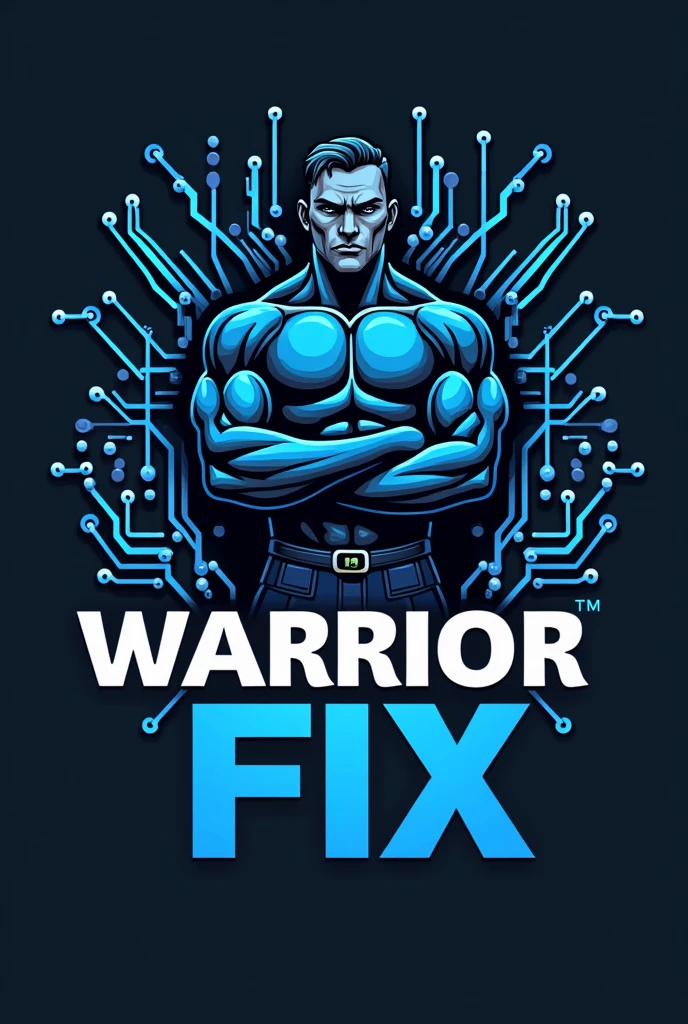 Design a logo for a bitcoin mannequin technician named warrior fix. Use a masculine and serious blue color palette, incorporating an electronic circuit and the text 'warrior fix'. 