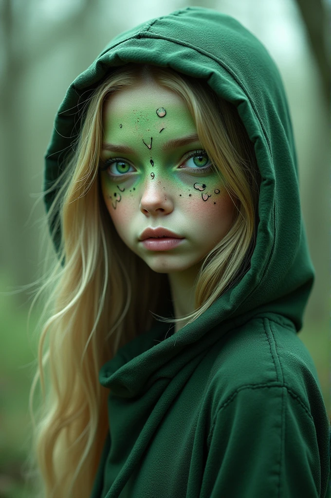 Girl, long blonde hair, green skin, green eye, wearing hoodie