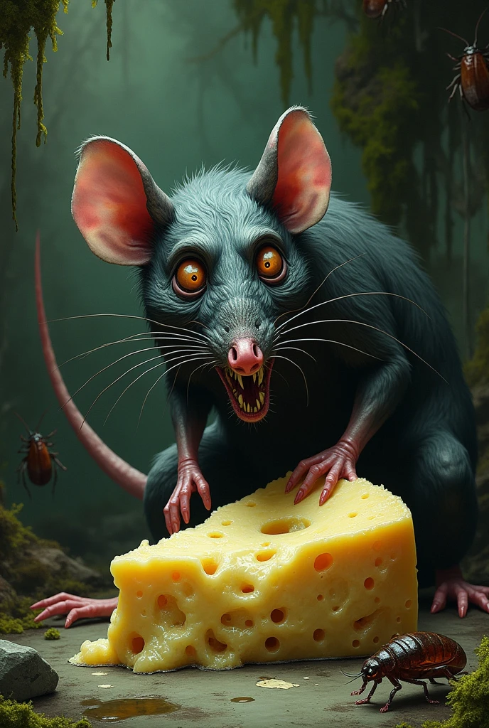 Stinky, disgusting cheese with a horrifyingly drawn rat in the style of moss and cockroaches.